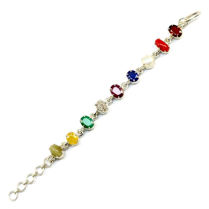 Navratna Sterling Silver Bracelet with all Nine Natural Gemstones for Navgraha Lab Certified 44.49gm