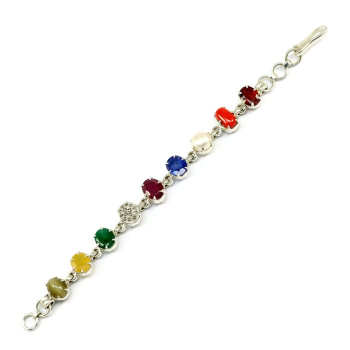 Navratna Sterling Silver Bracelet with all Nine Natural Gemstones for Navgraha Lab Certified 42.73 Gm